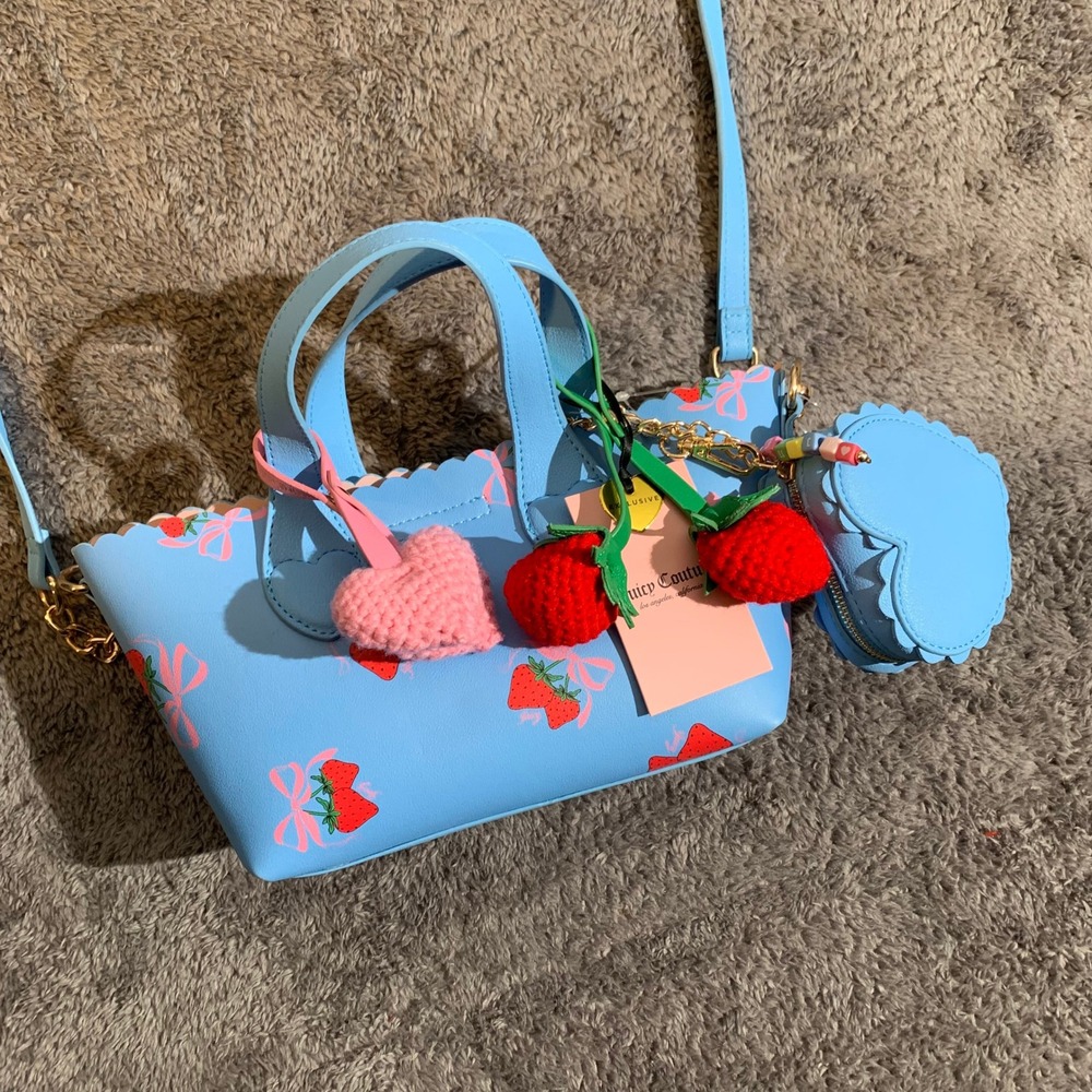 Juicy Couture Strawberry Bow‎ Satchel Blue Crossbody Bag with Coin Purse New